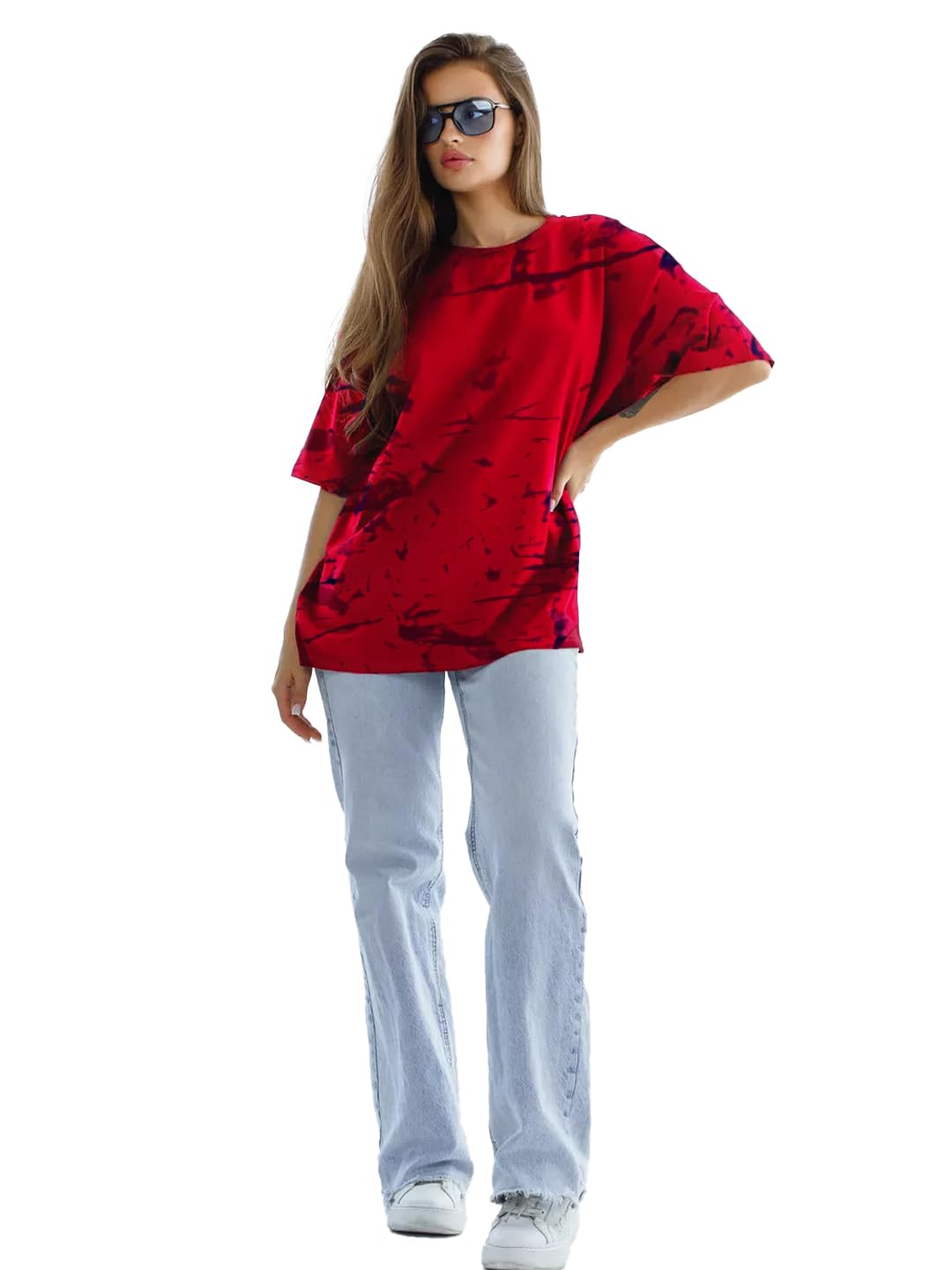 LEOTUDE Round Neck Oversized Half Sleeve Tie & Dye Printed Tshirt for Women (Combo Tshirt Pack of 2)