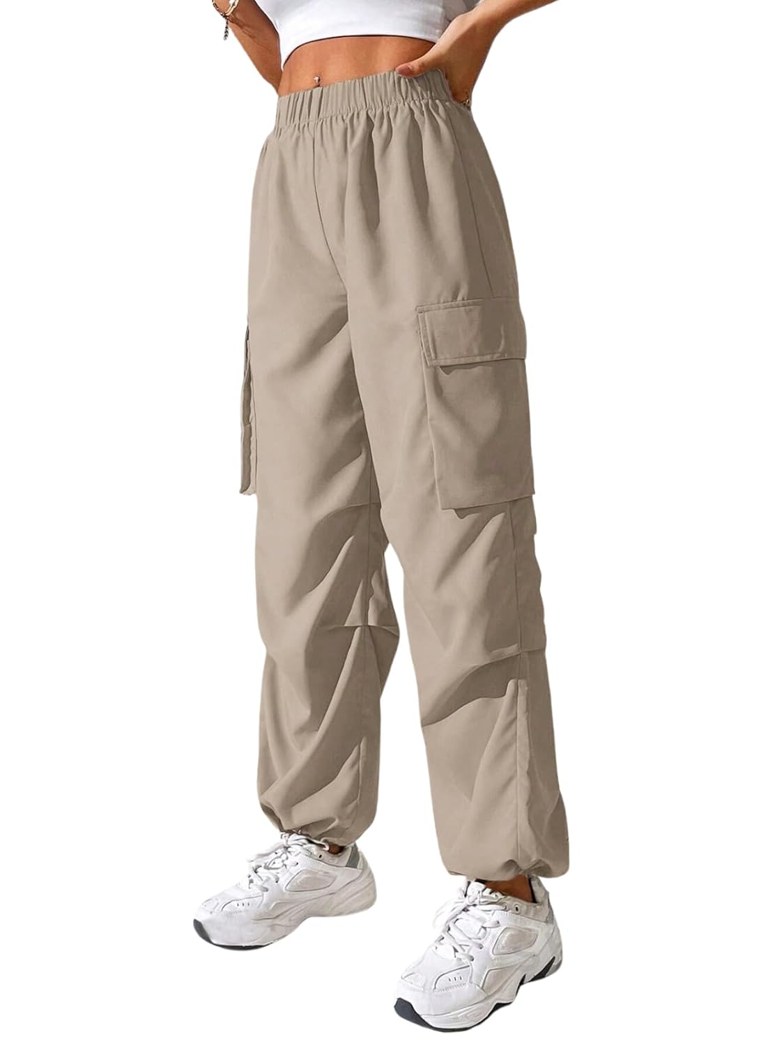 GRECIILOOKS Cotton Solid Side Pockets Parachute Cargo Baggy Pant for Women