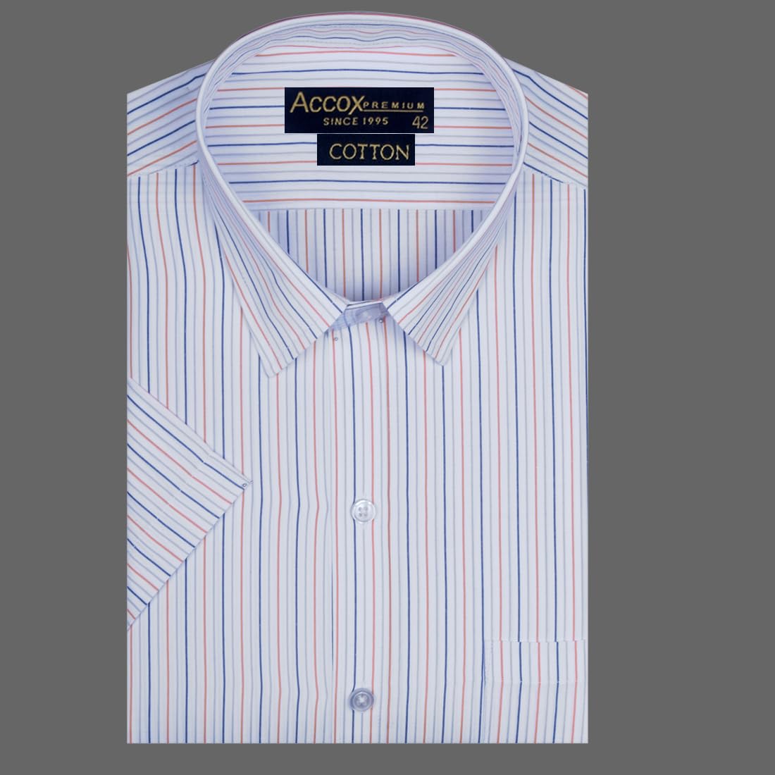 ACCOX Premium Breathable Cotton Half Sleeves Striped Checkered 3 Line Orange Blue Formal Regular Fit Shirt for Men (S_GCR02)