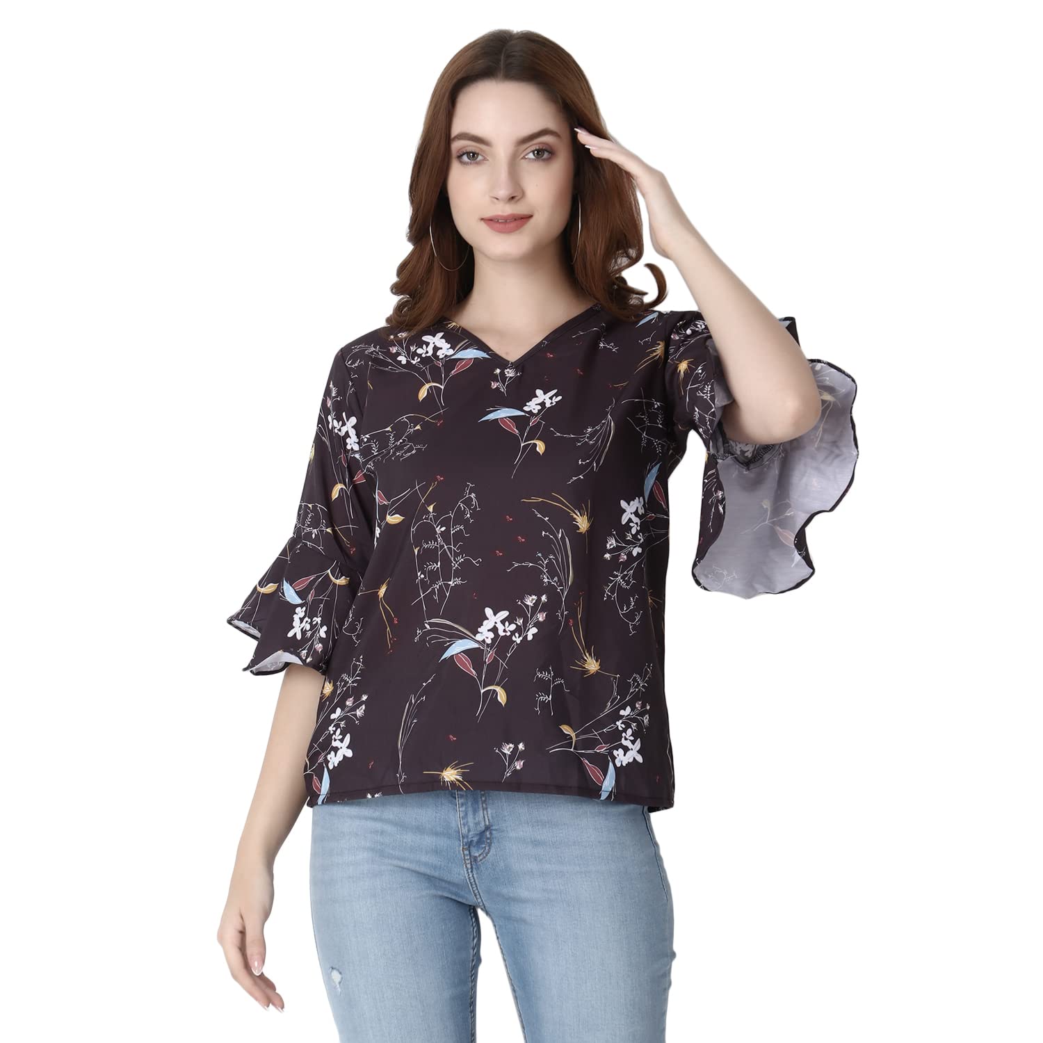 GRECIILOOKS Women's Plain Crepe with Ruffle Sleeve Design on HaGL-Sleeve Top