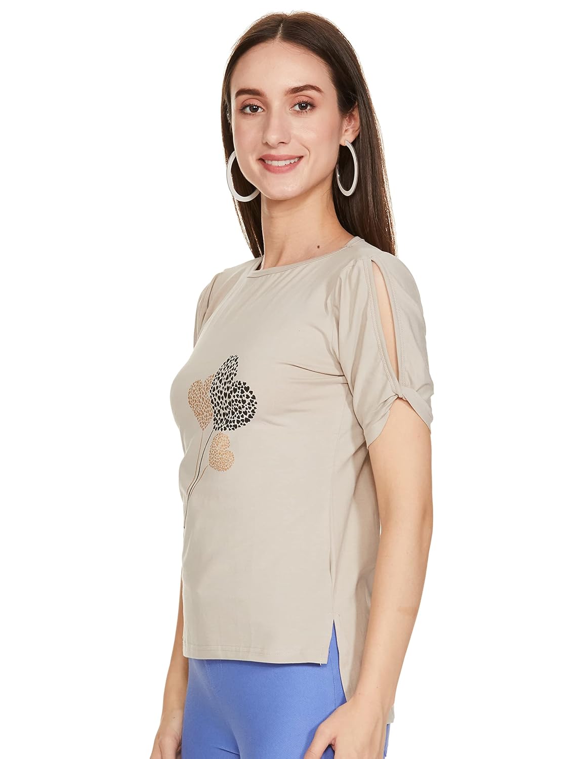 GRECIILOOKS Women's Regular Fit Printed Top T-Shirt (1_Beige S), Small