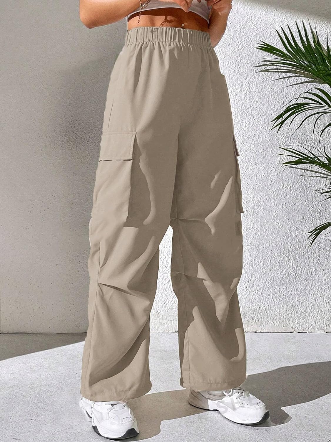 GRECIILOOKS Cotton Solid Side Pockets Parachute Cargo Baggy Pant for Women