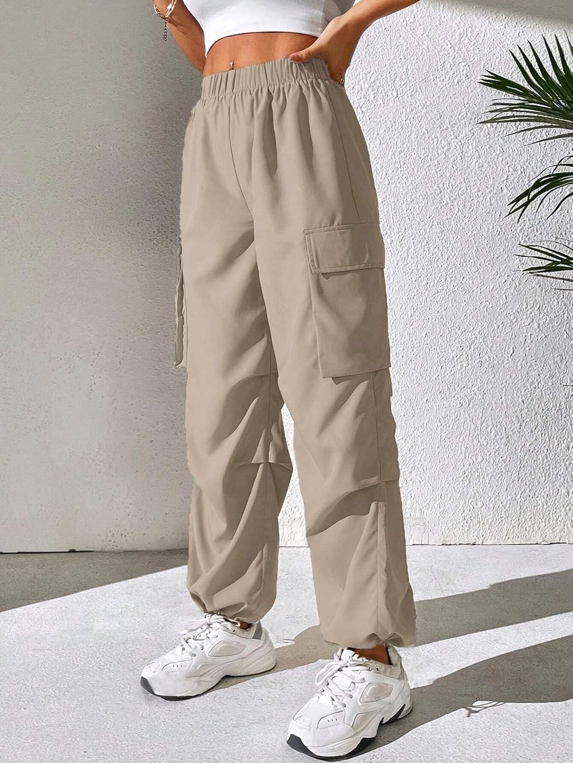 GRECIILOOKS Cotton Solid Side Pockets Parachute Cargo Baggy Pant for Women