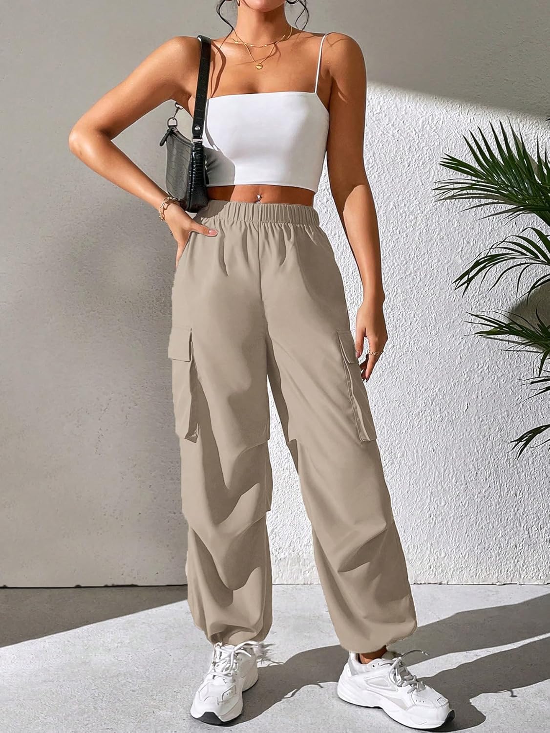 GRECIILOOKS Cotton Solid Side Pockets Parachute Cargo Baggy Pant for Women