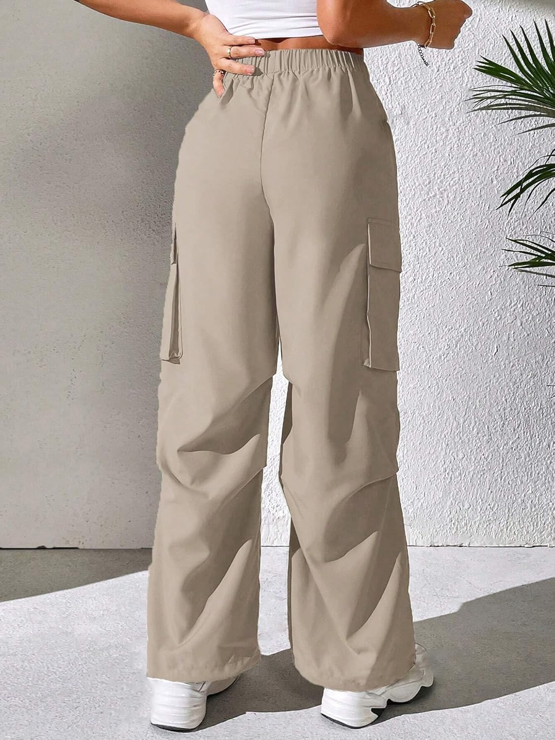 GRECIILOOKS Cotton Solid Side Pockets Parachute Cargo Baggy Pant for Women