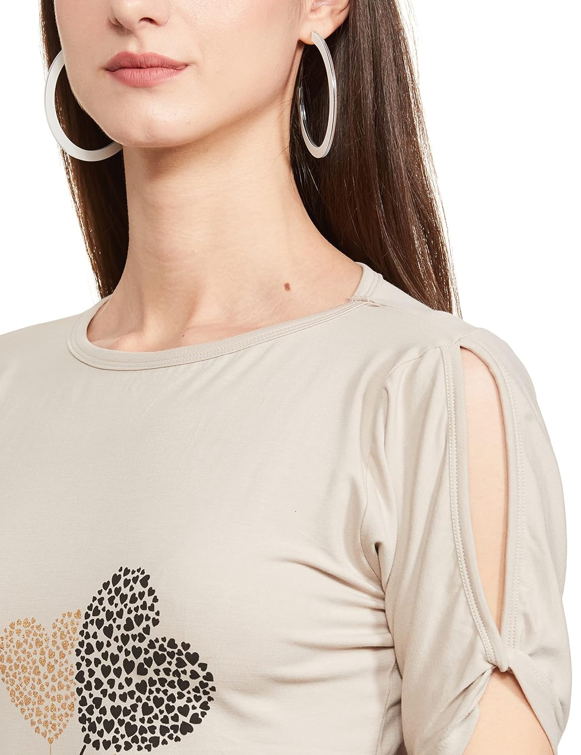 GRECIILOOKS Women's Regular Fit Printed Top T-Shirt (1_Beige S), Small
