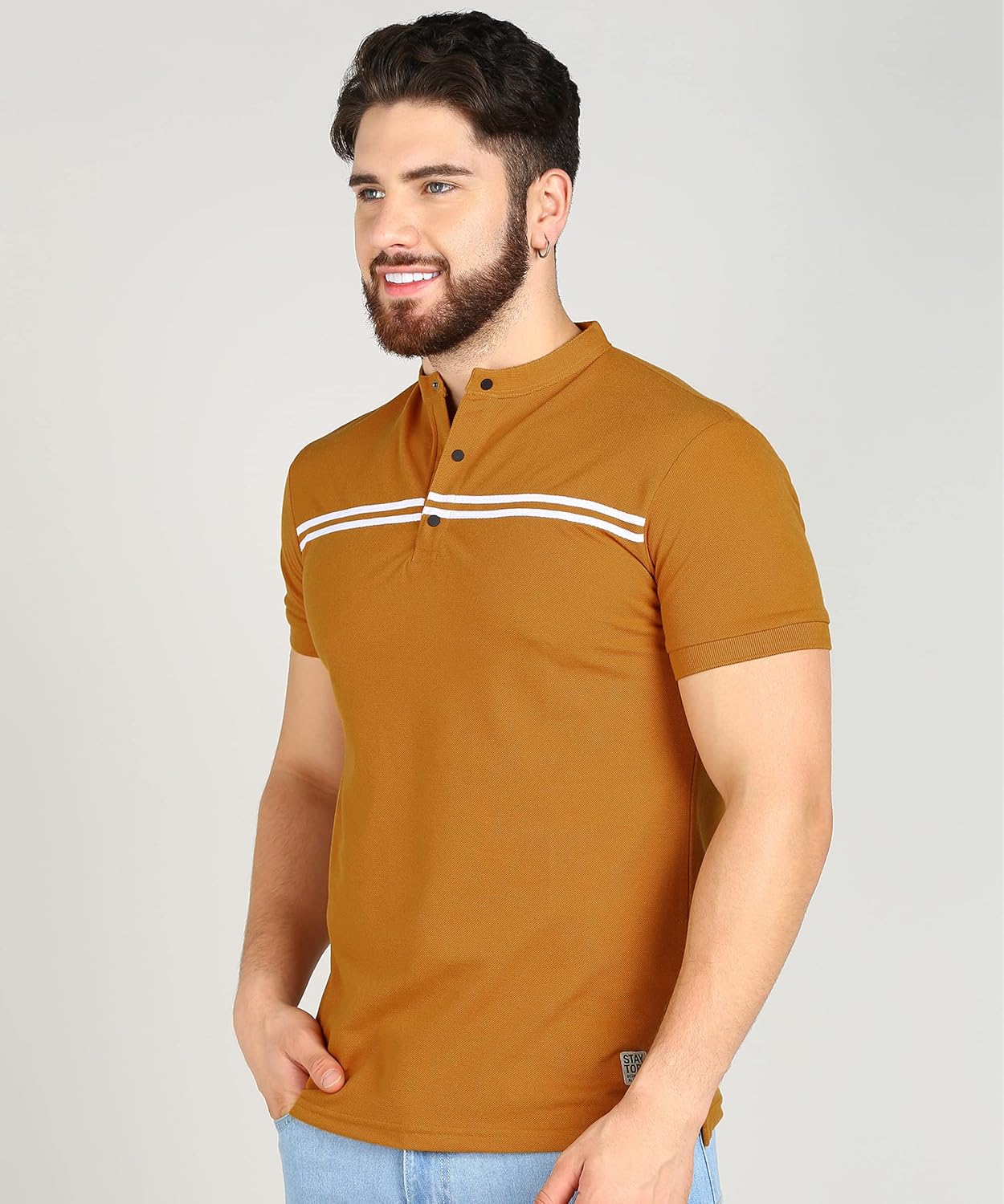 Alan Jones Clothing Men's Mandarin Collar Solid Polo Slim Fit T-Shirt-4