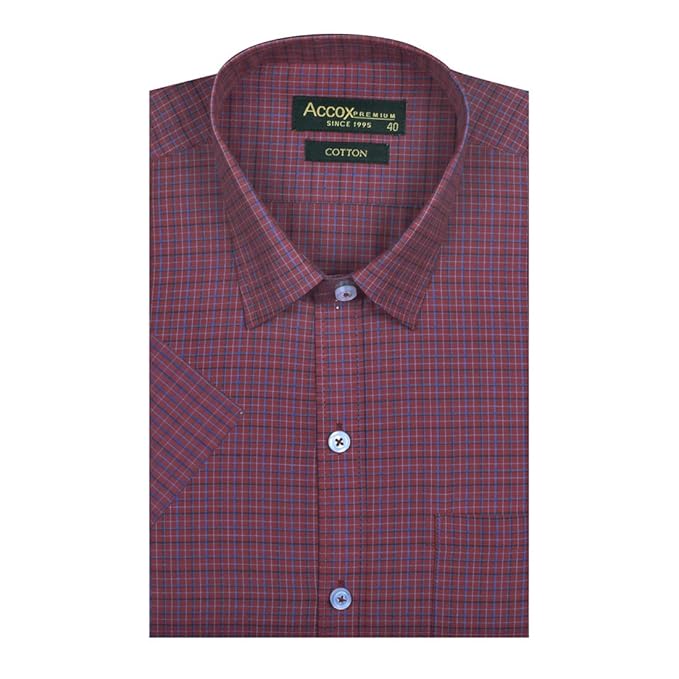 Accox Maroon Men's 100% Cotton Half Sleeve Checkered Regular Fit Formal Shirt