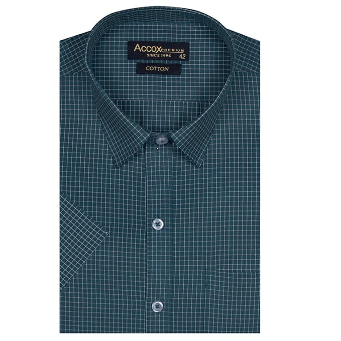 Accox Green Men's 100% Cotton Half Sleeve Checkered Regular Fit Formal Shirt