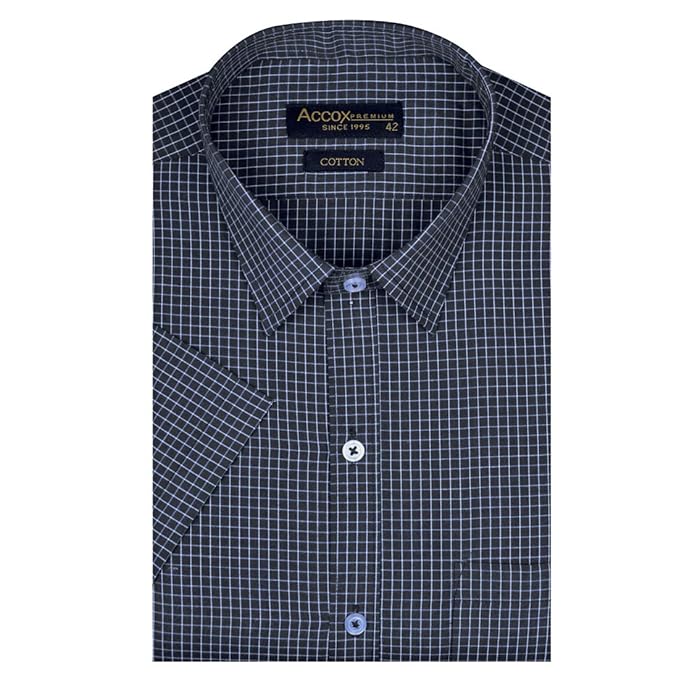 Accox Dark Blue Men's 100% Cotton Half Sleeve Checkered Regular Fit Formal Shirt