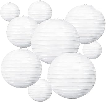 Wagela Round Hanging Ball Paper Hanging Lantern Paper Lamp | Balcony Decoration Items Outdoor | Light Lamp | Hanging Lamp | Lantern Paper Lamp for Decoration at Party Birthday Diwali. (White, 10pcs)