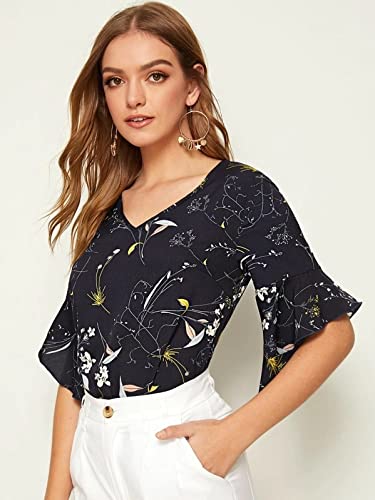 GRECIILOOKS Women's Plain Crepe with Ruffle Sleeve Design on HaGL-Sleeve Top