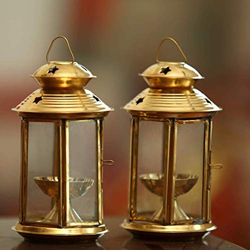 White Whale Metallic India Brass Lantern Akhand Diya - Set of 2, home temple oil lamp . diwali decortion oil lamps .SIZE: 6 INCH , Christmas decoration