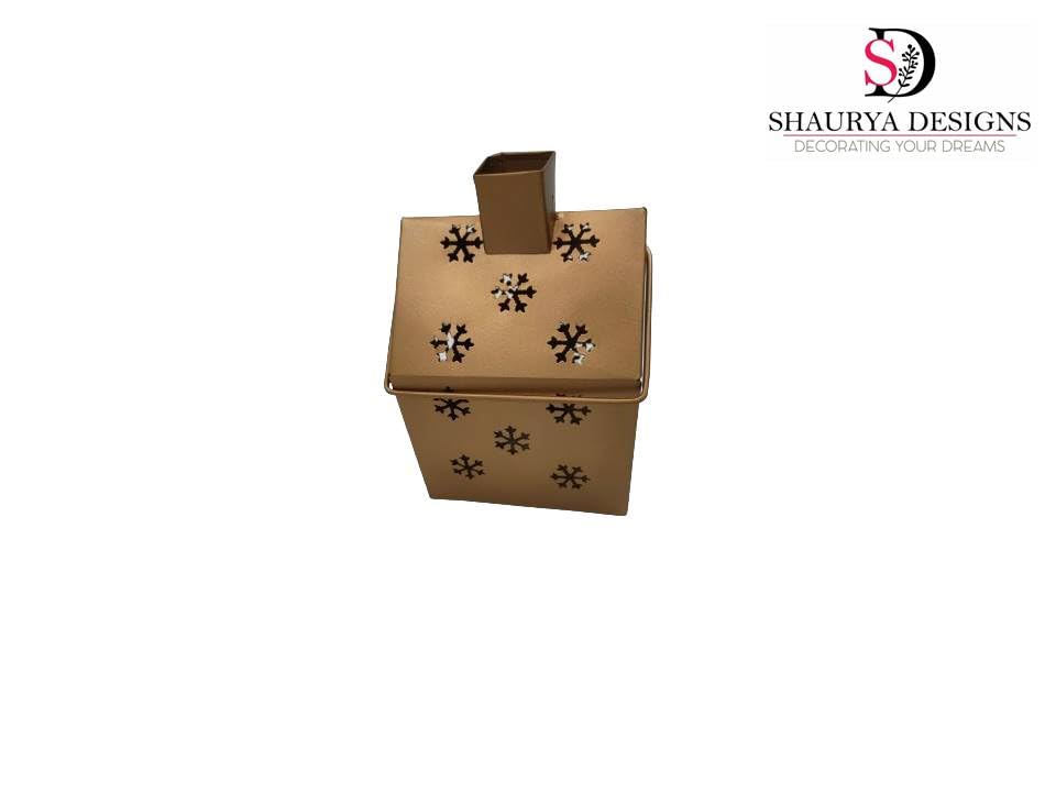 SHAURYA DESIGNS Metal Hut Lantern with Snowflake Etching Pattern - Illuminate and Decorate Your Space for Christmas, Diwali, and Celebrations - Gold (Size 10 x 10 x 15 CM)