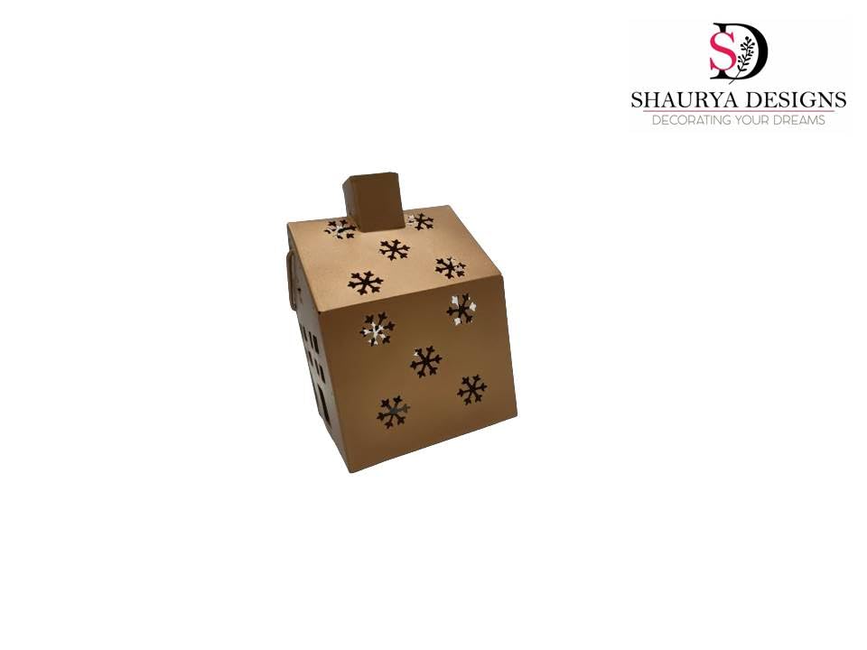 SHAURYA DESIGNS Metal Hut Lantern with Snowflake Etching Pattern - Illuminate and Decorate Your Space for Christmas, Diwali, and Celebrations - Gold (Size 10 x 10 x 15 CM)