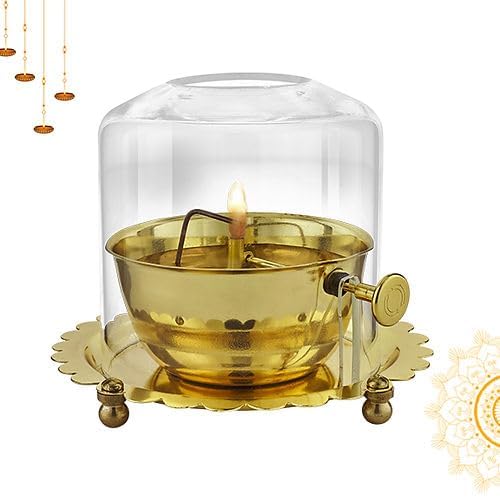 ZAREEN International Brass Akhand Diya with Adjustable Bati for Puja Decorative Brass & Glass Oil Lamp Lantern Diya with Glass Cover for Prayers Home Decor and Diwali Festive Gifts. (Small)