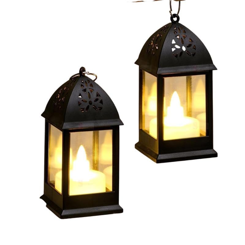 Satyam Kraft 2 Pcs Flameless and Smokeless Acrylic Antique LED Hurricane Lantern Lamp and Wall Hanging for Home, Lobby, Drawing Room, Wall Decor for Diwali Decorations(Yellow)(Pack of 2)
