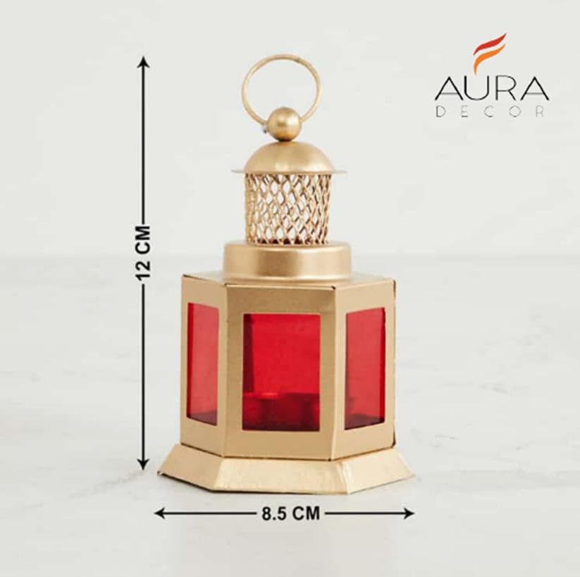 Auradecor Moroccan Lantern, Tealight Candle Holder with Tealight Candle for Home Decor Home Decor and Gift, Diwali, Festival, Indoor & Outdoor Use (Red, Pack of 2)