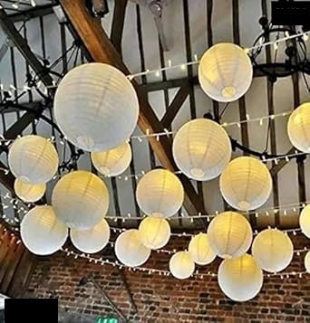 Wagela Round Hanging Ball Paper Hanging Lantern Paper Lamp | Balcony Decoration Items Outdoor | Light Lamp | Hanging Lamp | Lantern Paper Lamp for Decoration at Party Birthday Diwali. (White, 10pcs)