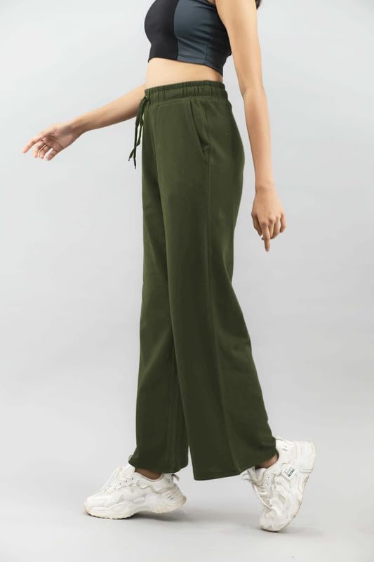 Imperative Women High Waist Regular Fit Cotton Flared Trackpant Olive Green, XX-Large