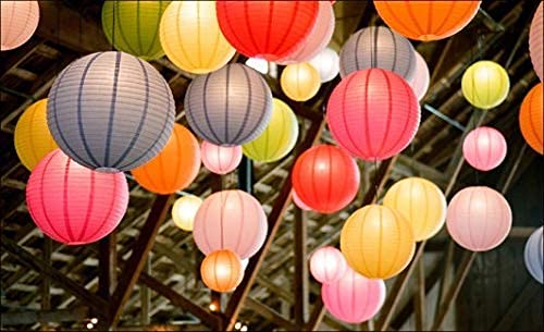 Rozi Decoration Paper Round Hanging Ball Lantern Lamps (Multicolour, 12 Inch) - Pack of 5