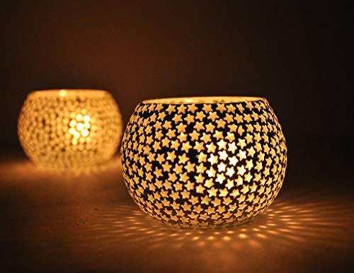 TIED RIBBONS Pack of 2 Turkish Mosaic Glass Votive Tealight Candle Holders - Christmas Decorations Items for Home Table Decor Gifts (Glass) - Christmas Decor - Christmas Gifts