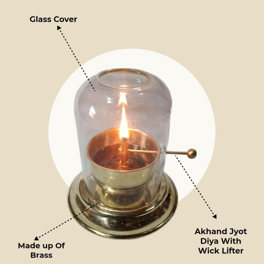 ZAREEN International Brass Akhand Diya with Adjustable Bati for Puja Decorative Brass & Glass Oil Lamp Lantern Diya with Glass Cover for Prayers Home Decor and Diwali Festive Gifts. (Small)