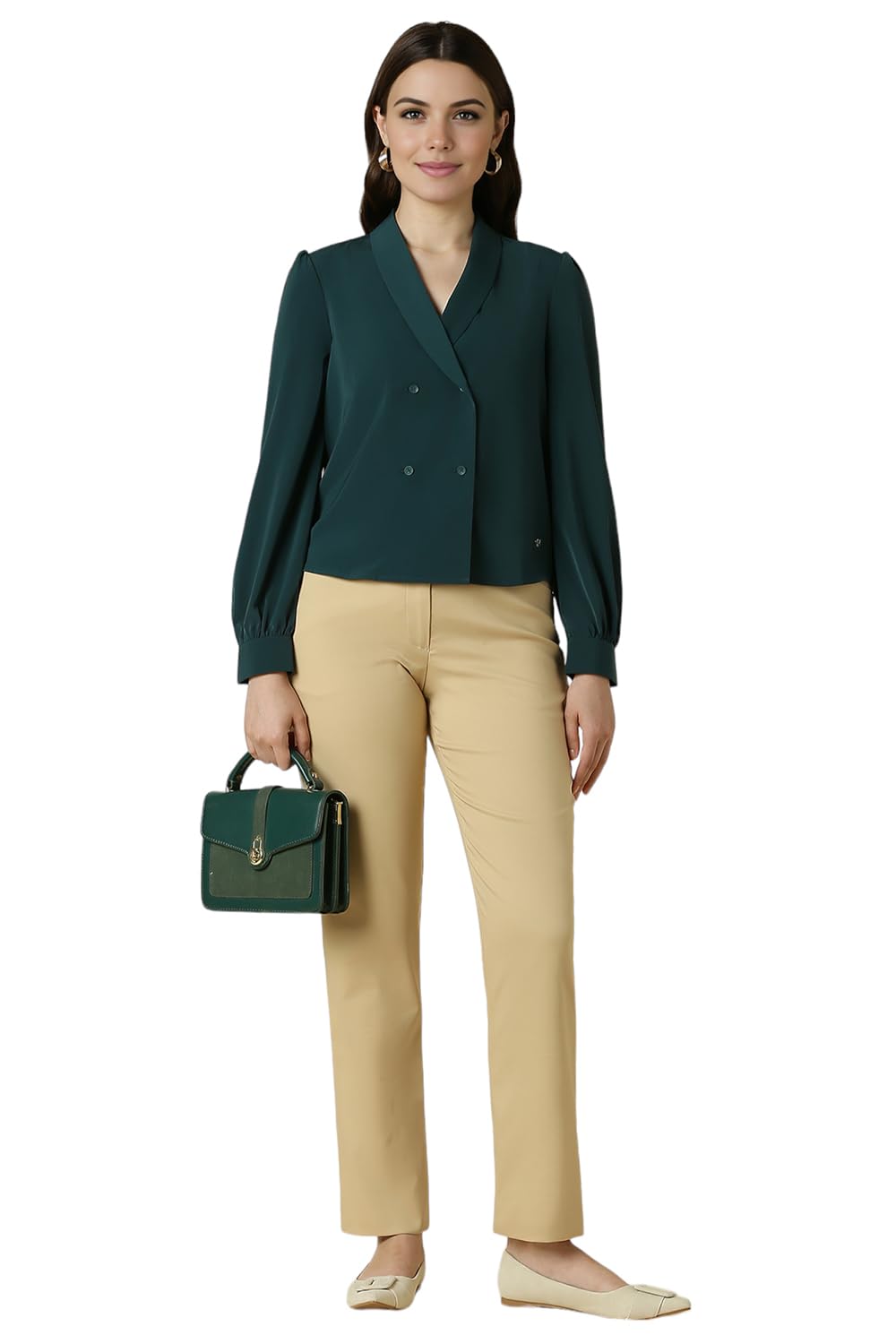 Allen Solly Women's Polyester Dark Green Plain Full Sleeve Blouse