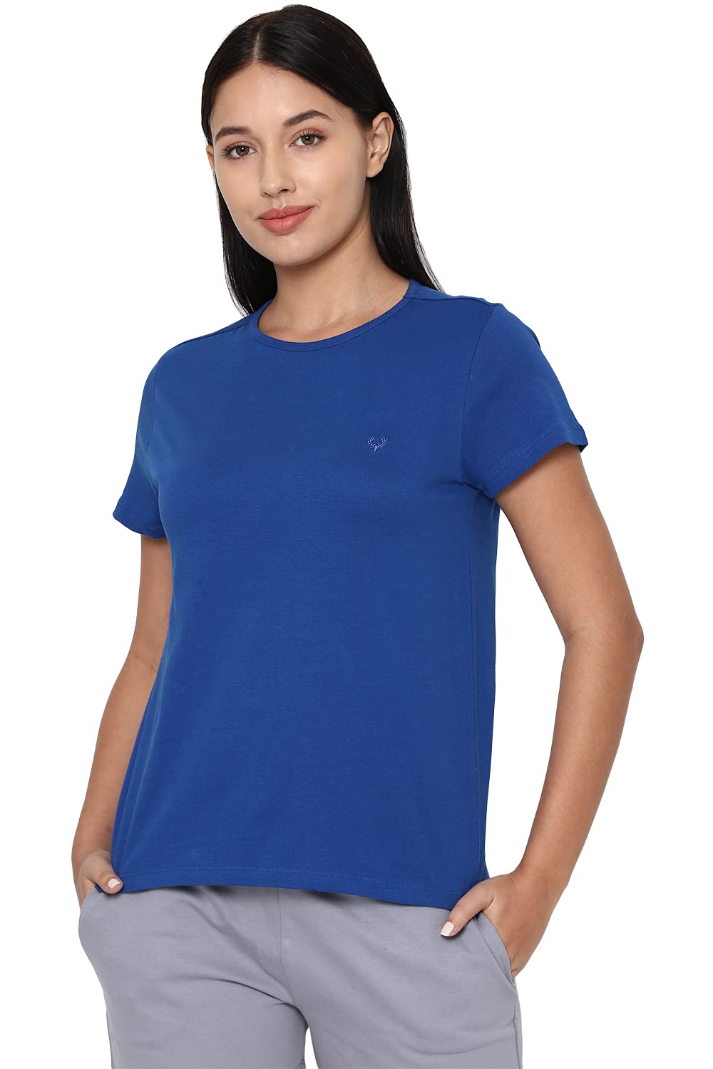 Allen Solly Women's Cotton Medium Blue Plain Short Sleeve T-Shirt