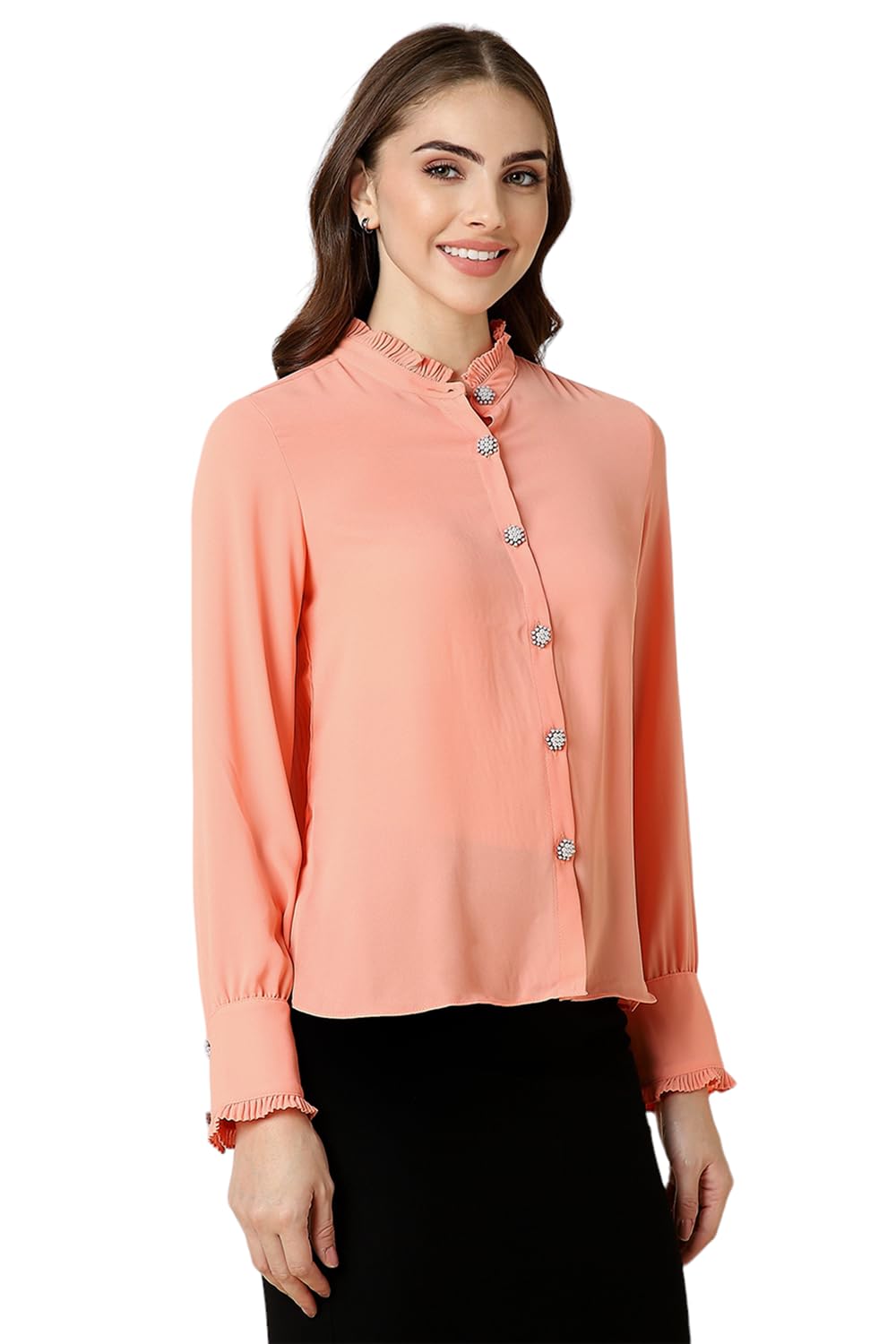 Allen Solly Women's Peach Plain Long Sleeve Formal Shirt