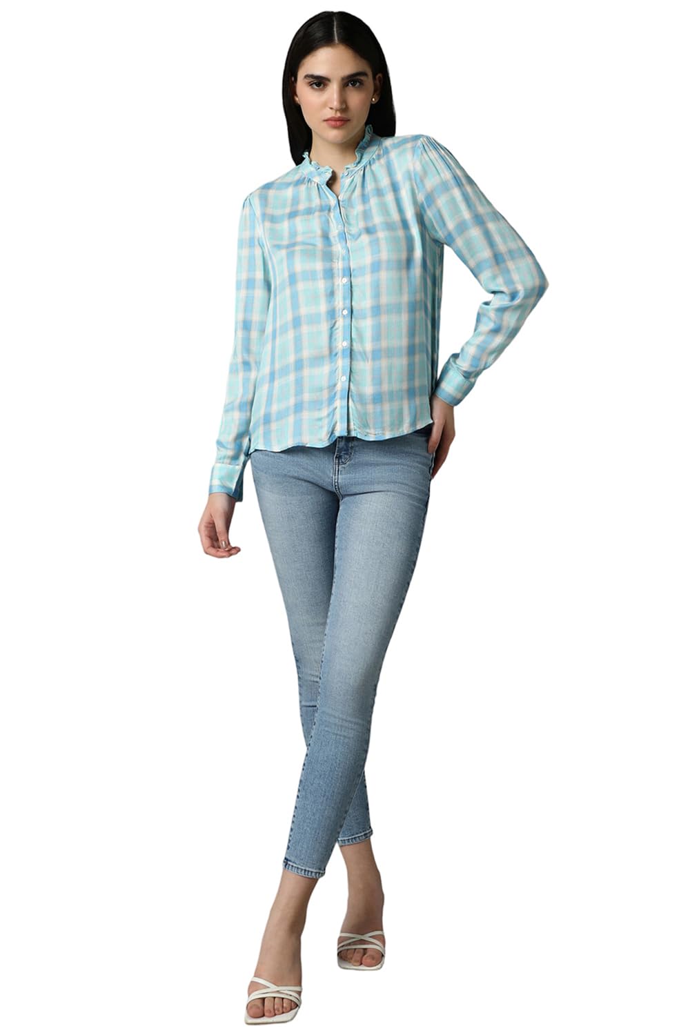 Allen Solly Women's Blue Checkered Full Sleeve Casual Shirt