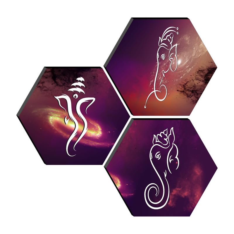 SAF paintings Set of 3 Hexagon Ganesha Modern Art MDF Board UV Textured Painting SA-SANFHXF30572