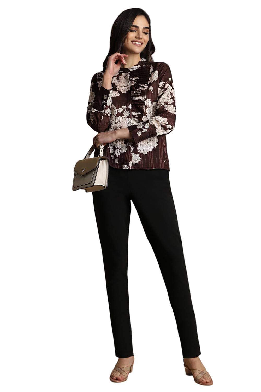 Allen Solly Women's Polyester Brown Printed Full Sleeve Casual Shirt