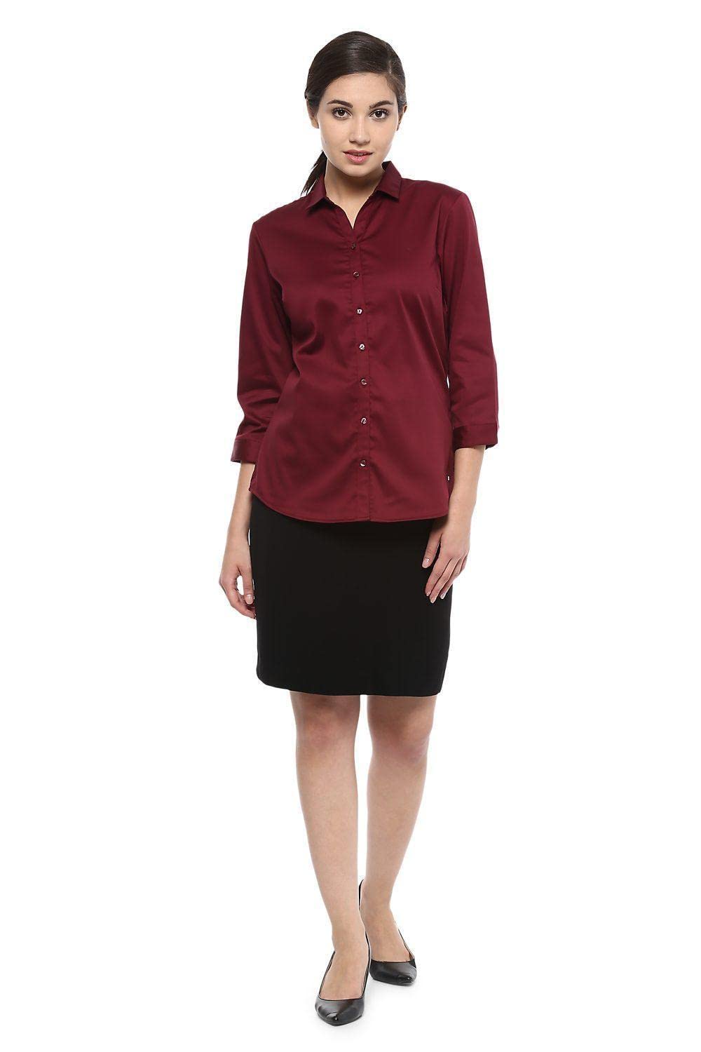 Allen Solly Women's Cotton Maroon Plain Short Sleeve Casual Shirt