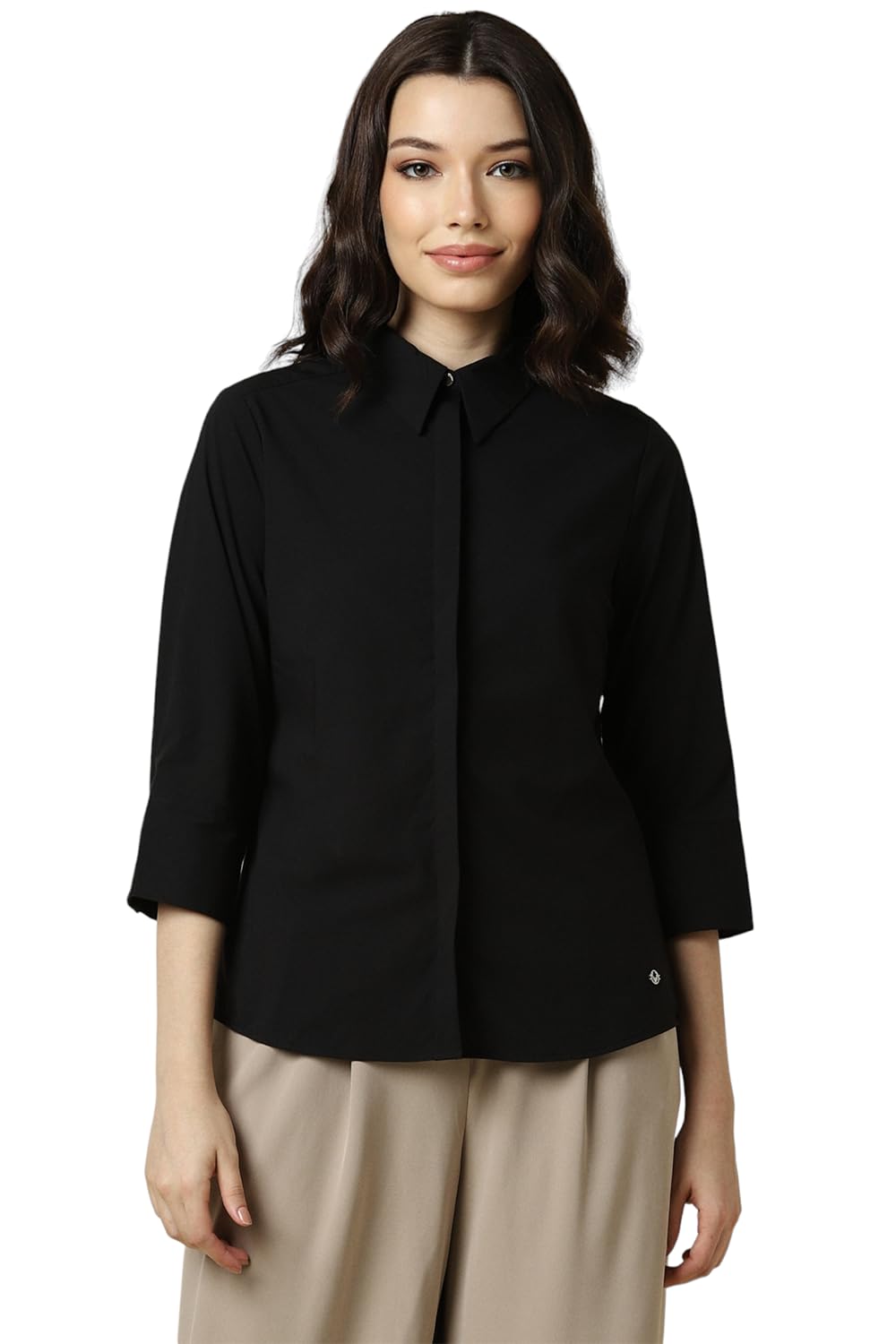 Allen Solly Women's Black Plain 3/4 Sleeve Casual Shirt