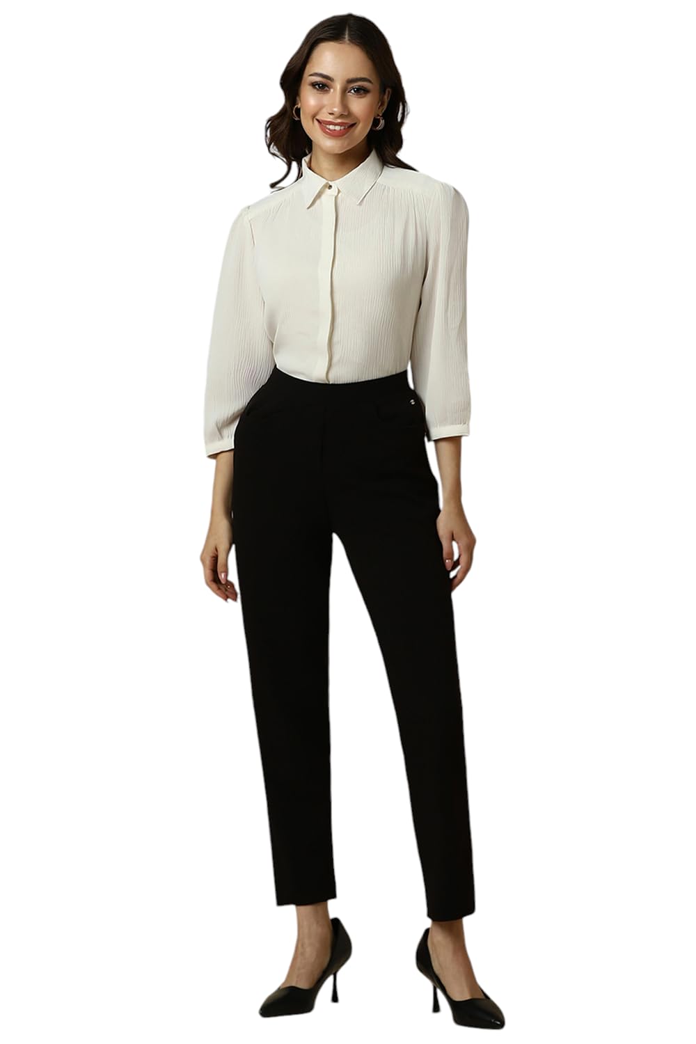 Allen Solly Women's Cream Plain 3/4 Sleeve Formal Shirt