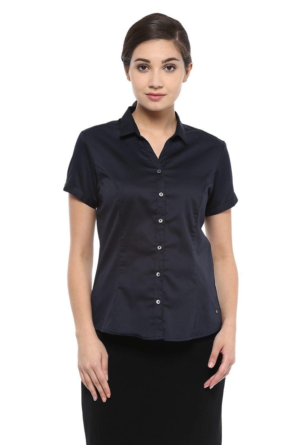 Allen Solly Women's Polyester Navy Plain Half Sleeve Formal Shirt