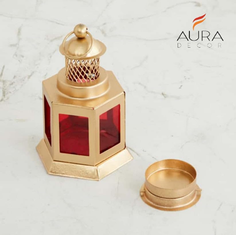 Auradecor Moroccan Lantern, Tealight Candle Holder with Tealight Candle for Home Decor Home Decor and Gift, Diwali, Festival, Indoor & Outdoor Use (Red, Pack of 2)