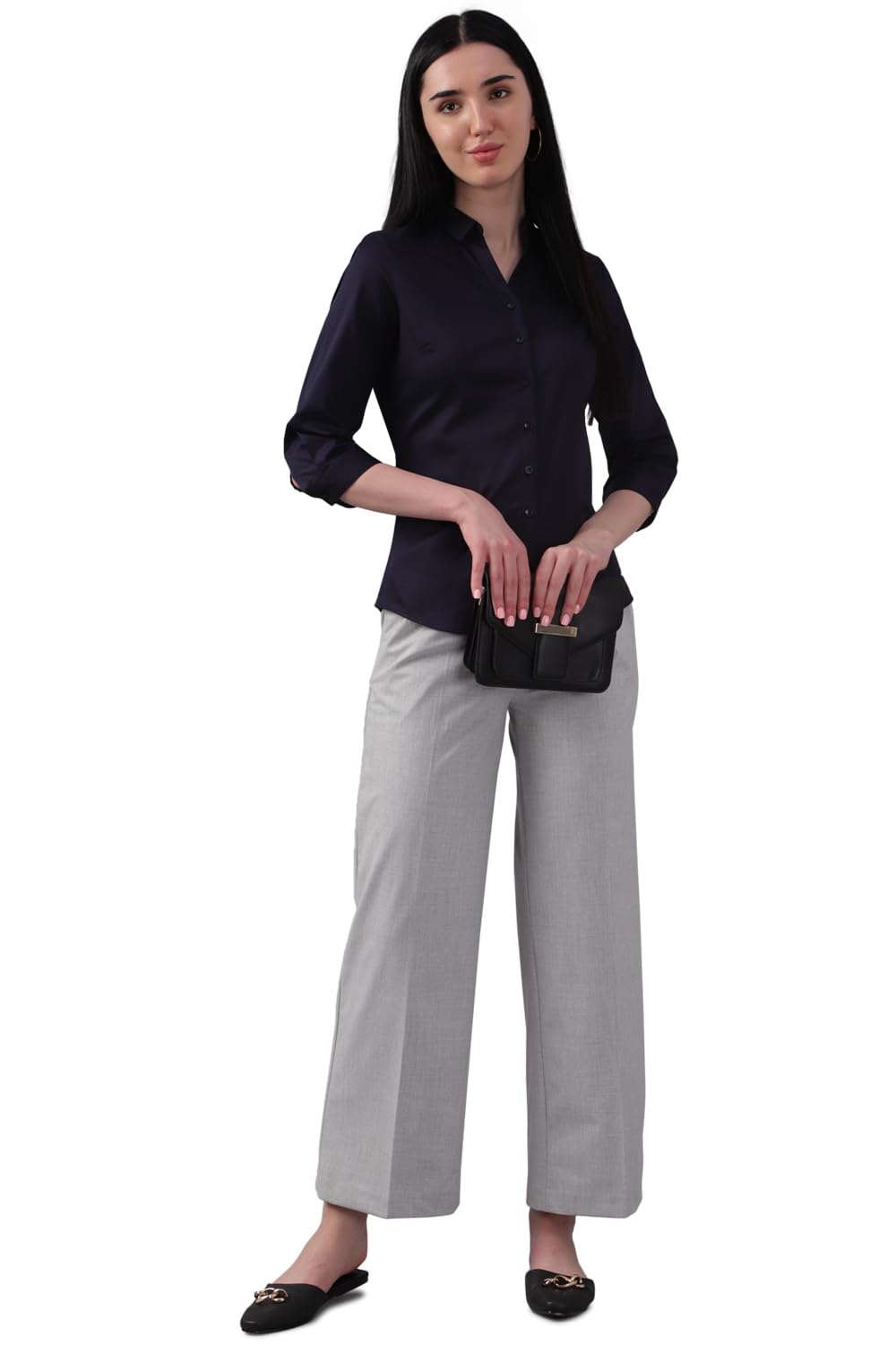 Allen Solly Women's Dark Blue Plain 3/4 Sleeve Casual Shirt