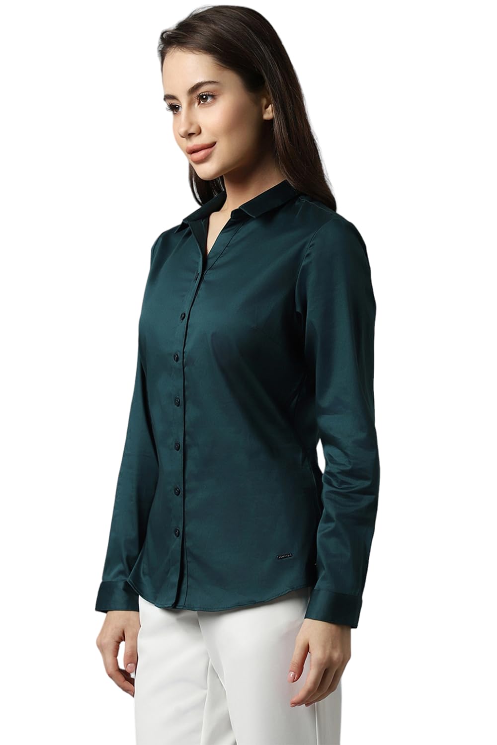Allen Solly Women's Dark Green Plain Long Sleeve Formal Shirt