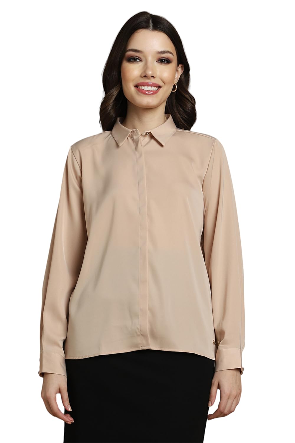 Allen Solly Women's Beige Plain Long Sleeve Formal Shirt