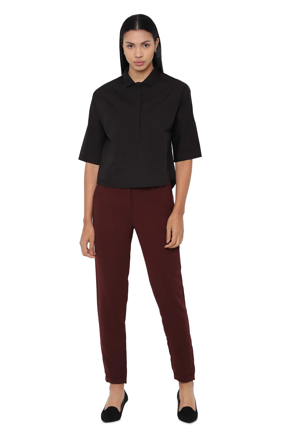 Allen Solly Women's Cotton Black Plain Short Sleeve Casual Shirt