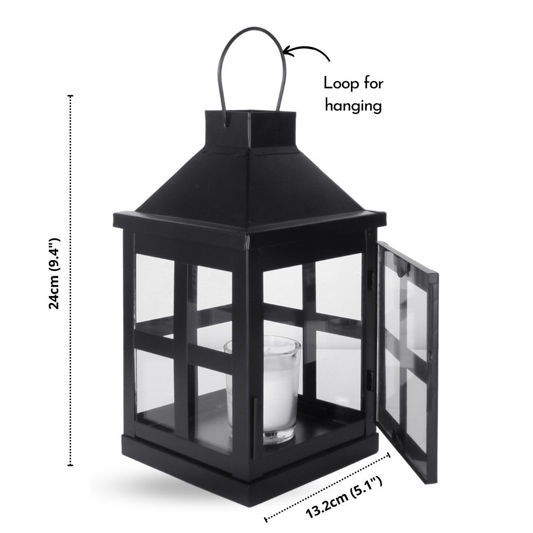 Behoma Vintage Style Metal & Clear Glass Lantern, 9.4 inch Matte Black Tea Light Candle Holder for Diwali Décor, Table-top and Wall-Hanging Indoor and Outdoor (Candle/Lights NOT Included)