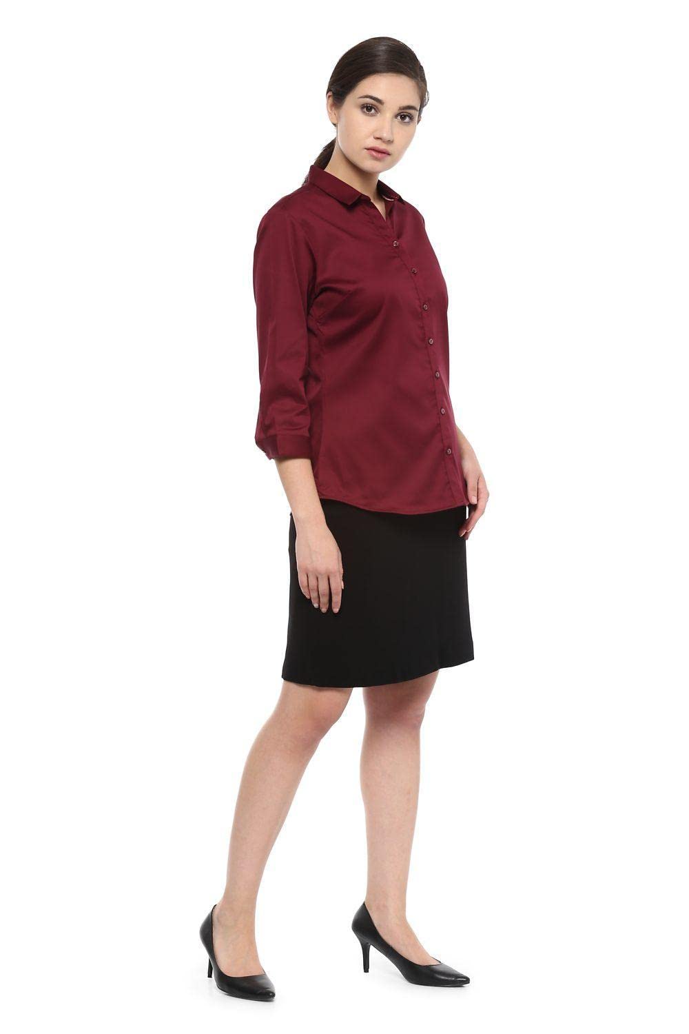 Allen Solly Women's Cotton Maroon Plain Short Sleeve Casual Shirt