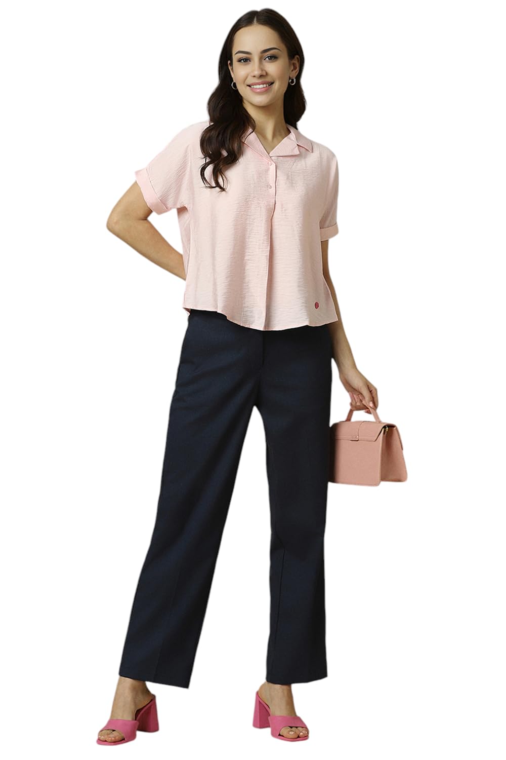 Allen Solly Women's Pink Plain Short Sleeve Casual Shirt