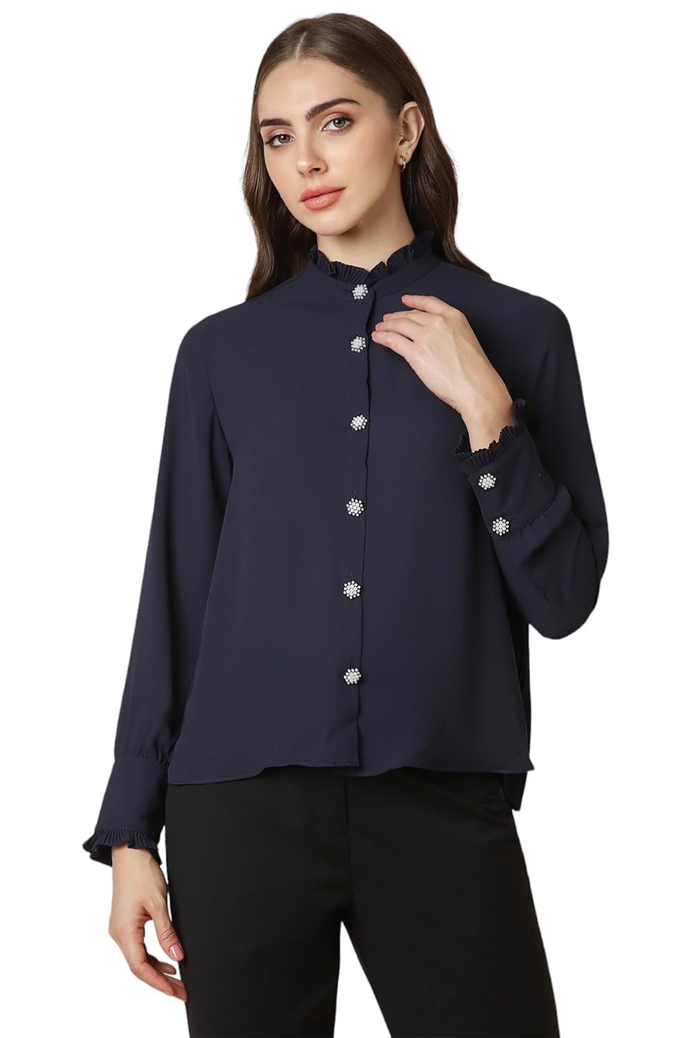 Allen Solly Women's Navy Plain Full Sleeve Formal Shirt