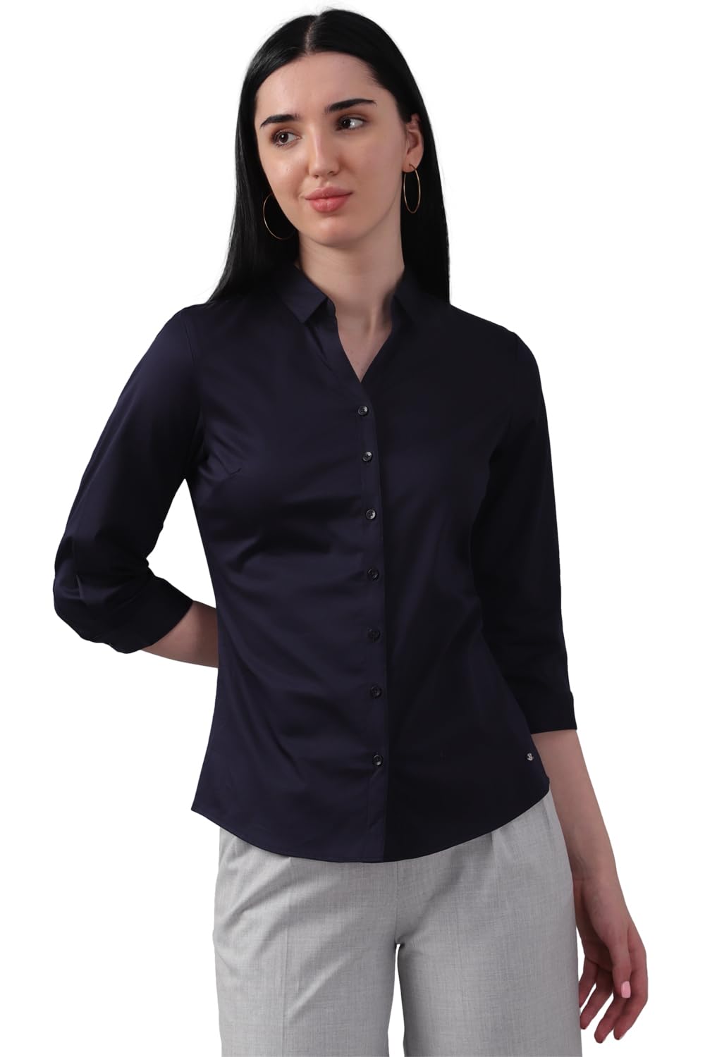 Allen Solly Women's Dark Blue Plain 3/4 Sleeve Casual Shirt