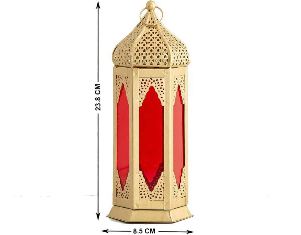 Winscraft Moroccan Style Metal Tealight Lantern with Multi-Colour Glass Panels, Hanging Candle Holder for Home & Garden Decor, Moraccan Lamp for Living Room, Bedroom, Diwali & Gifts (Red & Yellow)