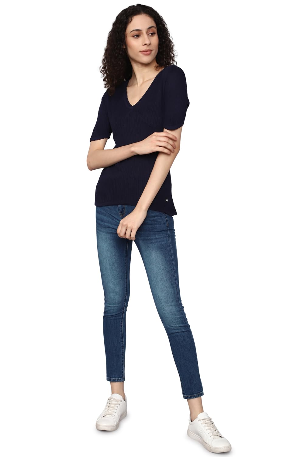 Allen Solly Women's Navy Plain Half Sleeve Casual Shirt