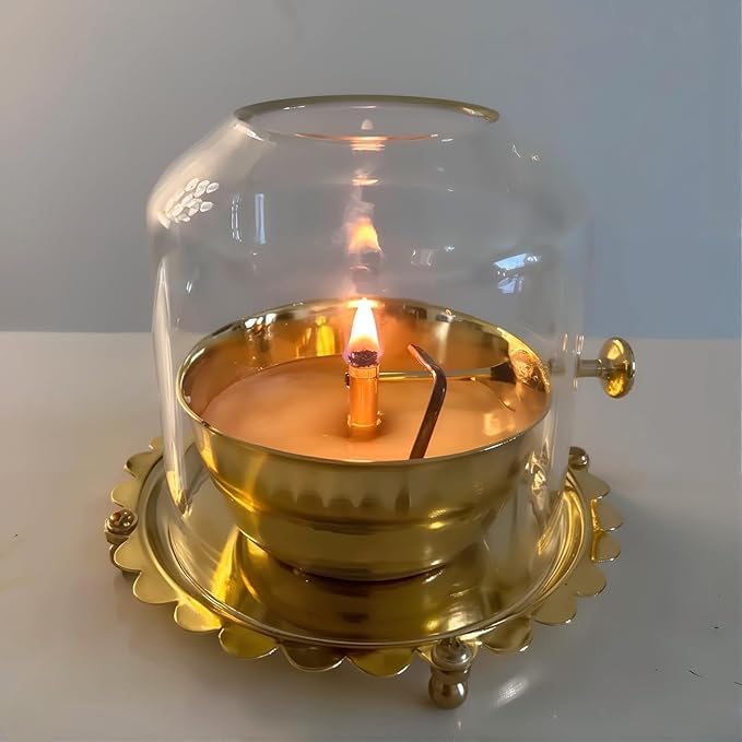 ZAREEN International Brass Akhand Diya with Adjustable Bati for Puja Decorative Brass & Glass Oil Lamp Lantern Diya with Glass Cover for Prayers Home Decor and Diwali Festive Gifts. (Small)